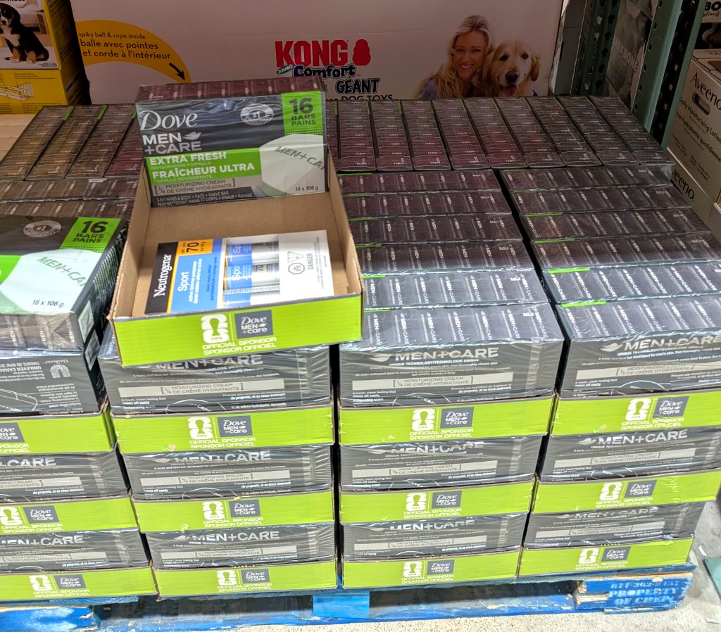 Dove Men+Care Extra Fresh bar soap, 16 x 106g pack, with moisturizing cream for men. Found at Costco for $14.49.