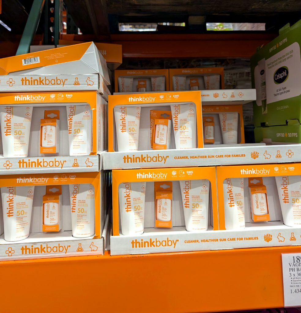 Thinkbaby Sunscreen Variety Pack with SPF 50 mineral sunscreen tubes and sticks in white and orange packaging from Costco, priced at $39.99.