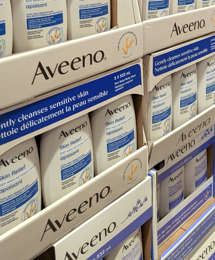 Aveeno Stress Relief Lotion 3x532mL value pack from Costco, perfect for soothing and moisturizing sensitive skin at $19.99.