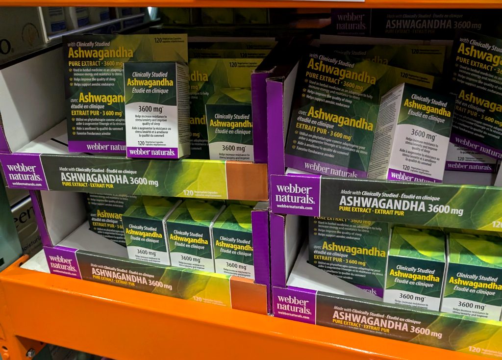 Webber Naturals Ashwagandha 3600 mg 120 capsules from Costco for stress relief and sleep support.