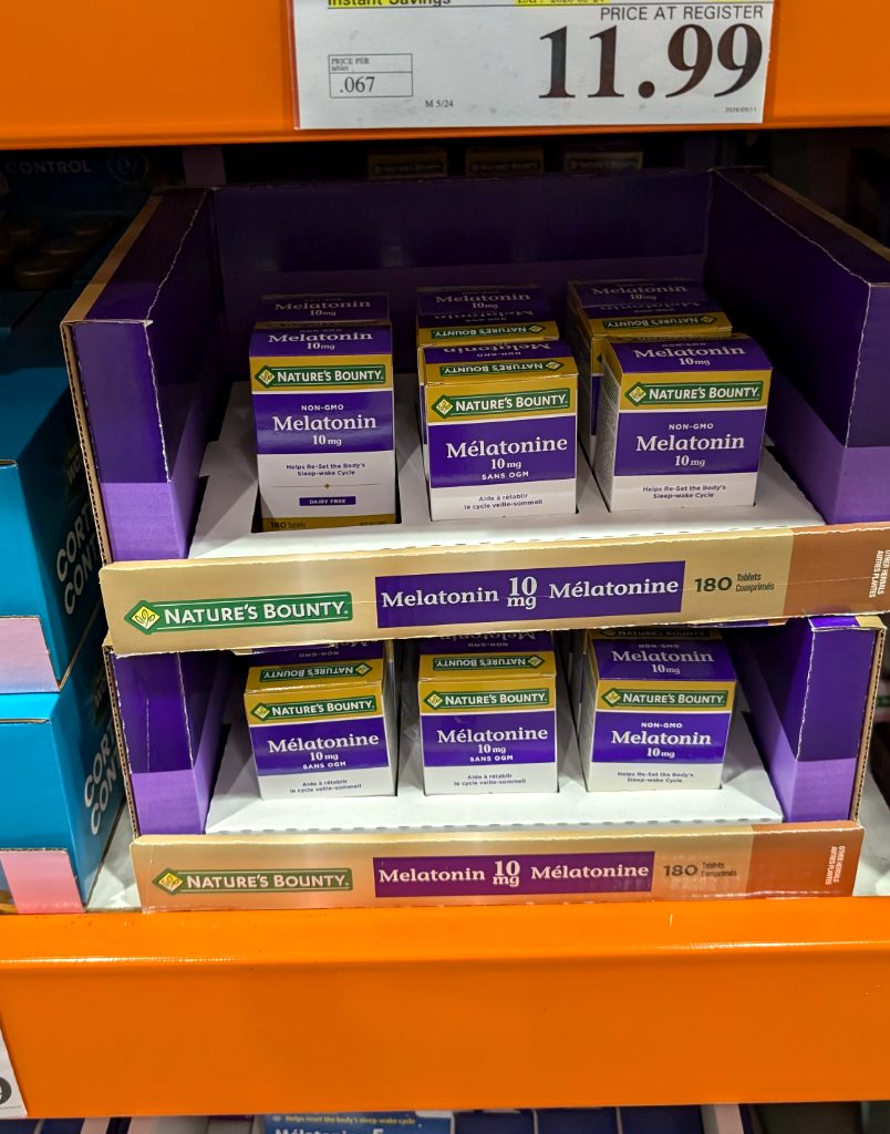 Nature's Bounty Melatonin 10mg 180 tablets for sleep support, available at Costco for $11.99.