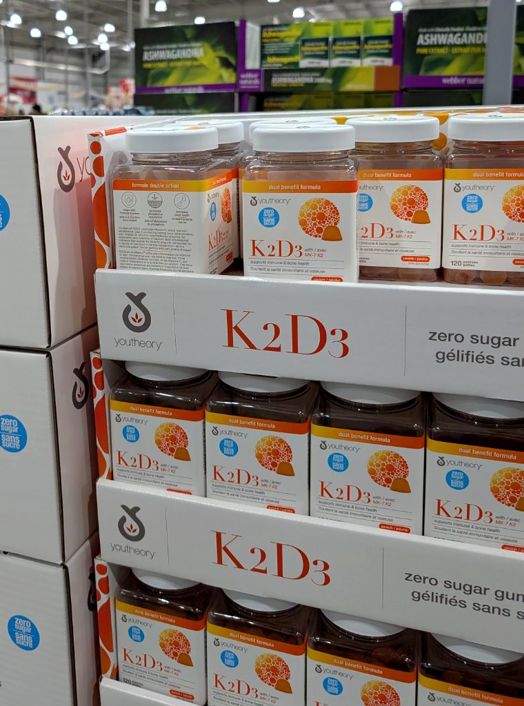 Youtheory K2D3 zero sugar gummies for immune & bone health, peach flavor, available at Costco for $19.99.
