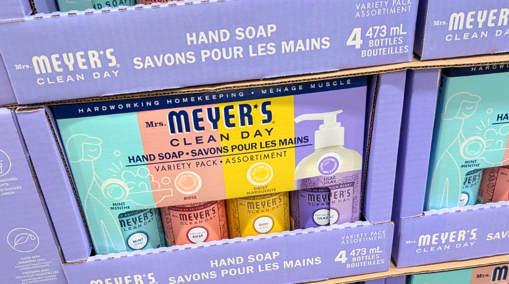 Mrs. Meyer's Clean Day hand soap variety pack with Mint, Rose, Daisy, and Lilac scents, 4-pack, available at Costco.