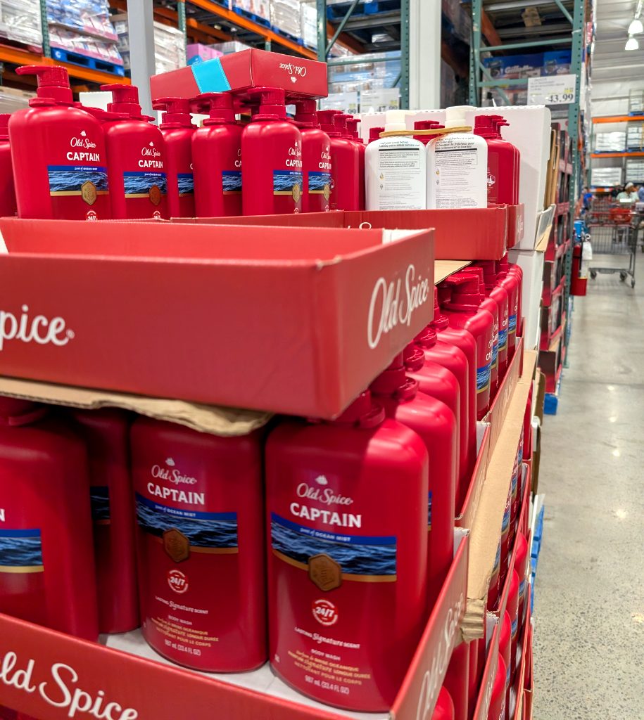 Red Old Spice Captain Body Wash, 2x 987mL bottles with Ocean Mist scent, on sale at Costco for $11.99.