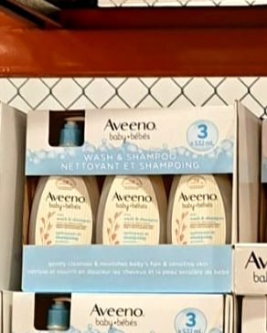 Aveeno Baby Wash and Shampoo 3-pack, 532 mL each, for gentle cleansing, available at Costco for $18.97.