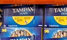 Tampax Pearl Regular tampons, a 96-count pack, available at Costco for $15.49, offering dependable feminine hygiene.