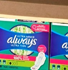 Always Ultra Thin Super Pads, 88-count pack from Costco, $15.49, providing reliable feminine hygiene.