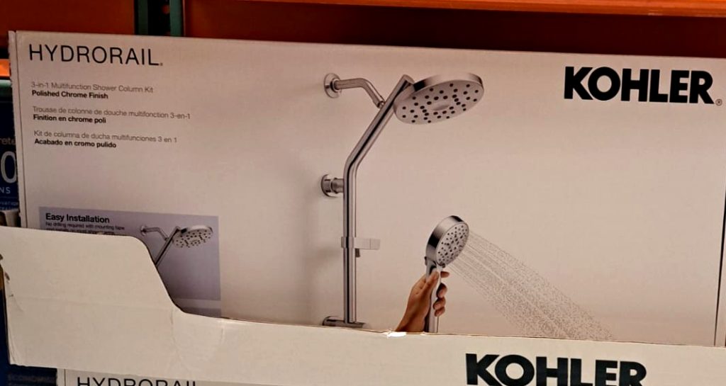 Kohler Hydrorail 3-in-1 multifunction polished chrome shower column kit from Costco, priced at $69.97.