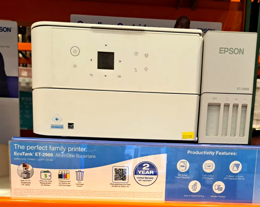 Epson EcoTank ET-2988 white all-in-one wireless printer from Costco, ideal for home and office tasks.