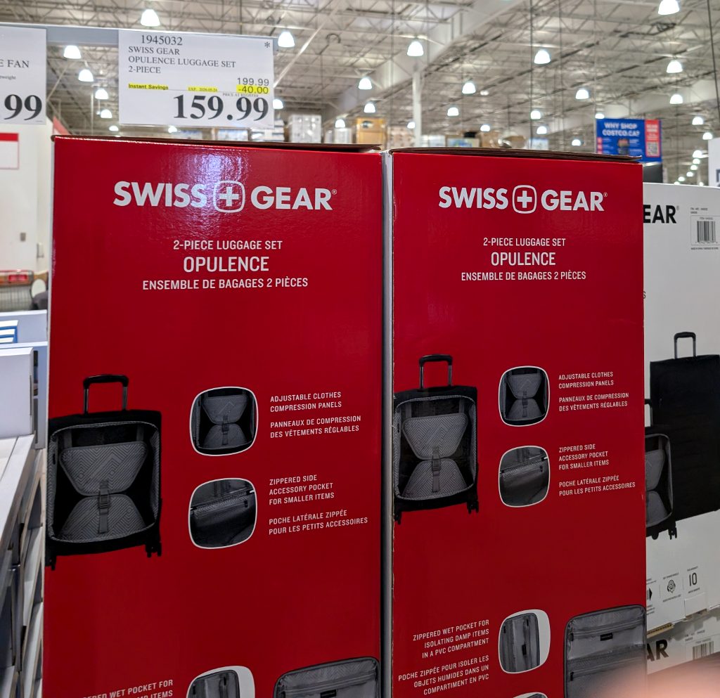 Swiss Gear Opulence 2-piece black luggage set from Costco, on sale for $159.99, perfect for organized travel.