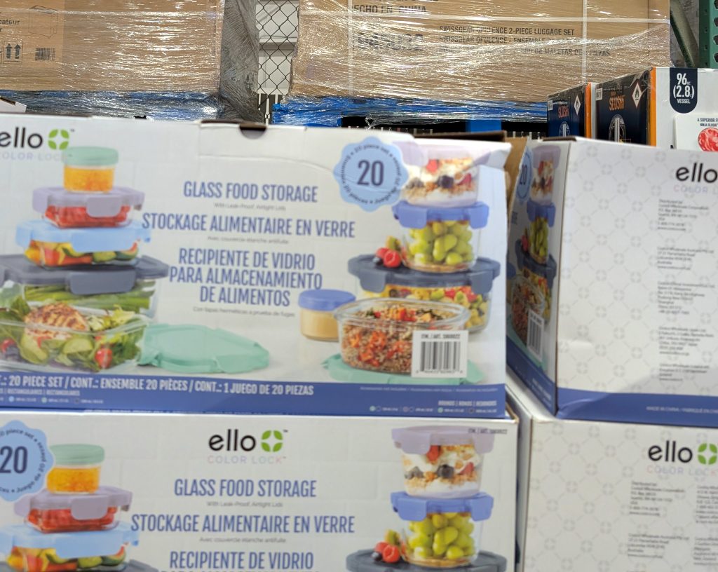 Ello 20-piece glass food storage set with colorful lids for meal prep and leftovers, available at Costco for $29.99.