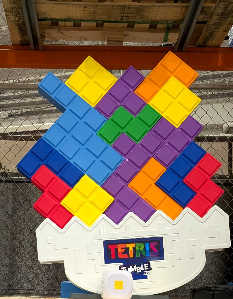 Giant Tetris Tumble XL game with colorful plastic blocks for kids and adults, available at Costco for $79.99.