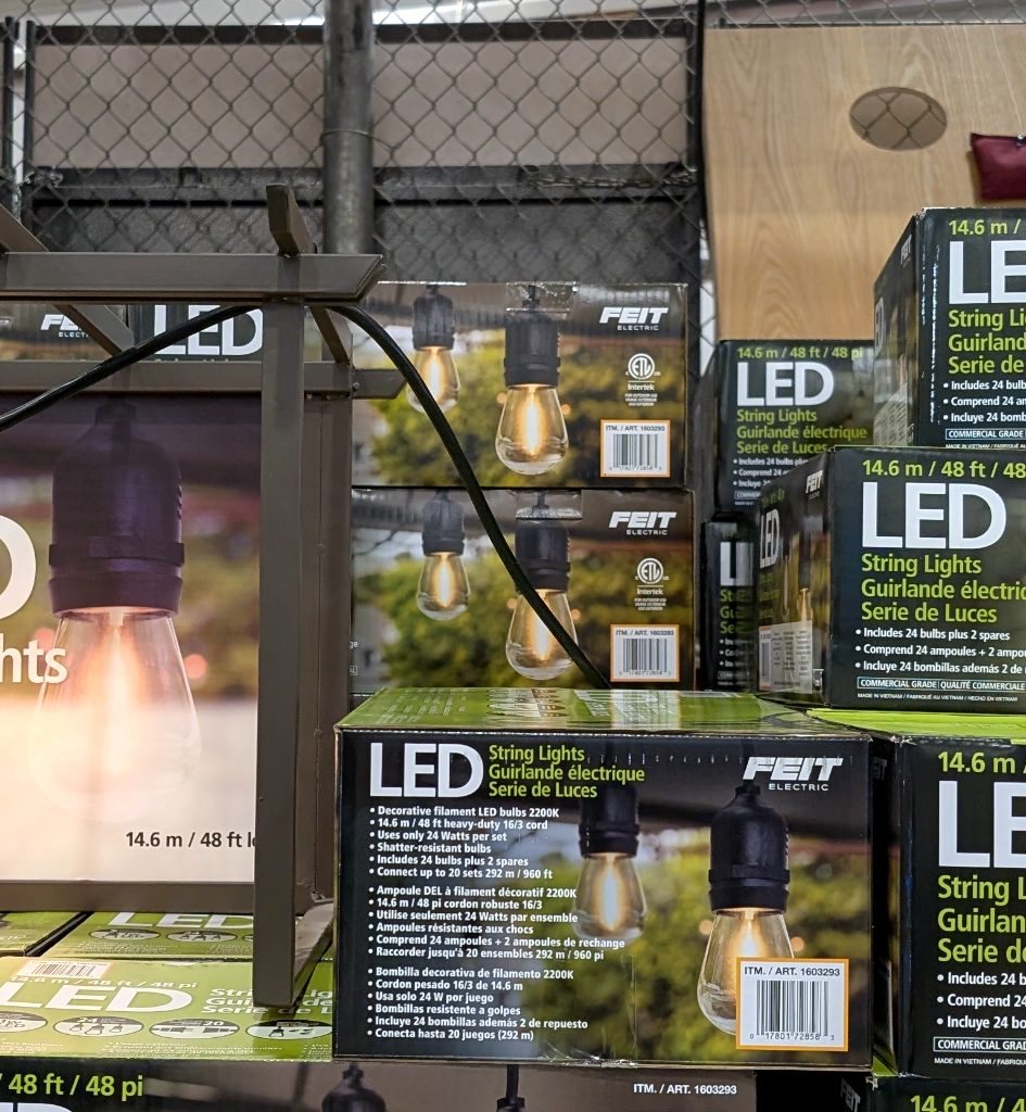 Feit Electric 48ft LED string lights with warm decorative filament bulbs, perfect for outdoor patio ambiance, available at Costco for $39.99.