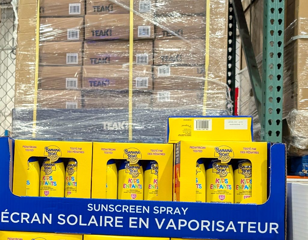 Banana Boat Kids Spray SPF 50 sunscreen in yellow and blue aerosol cans for sun protection, available at Costco.