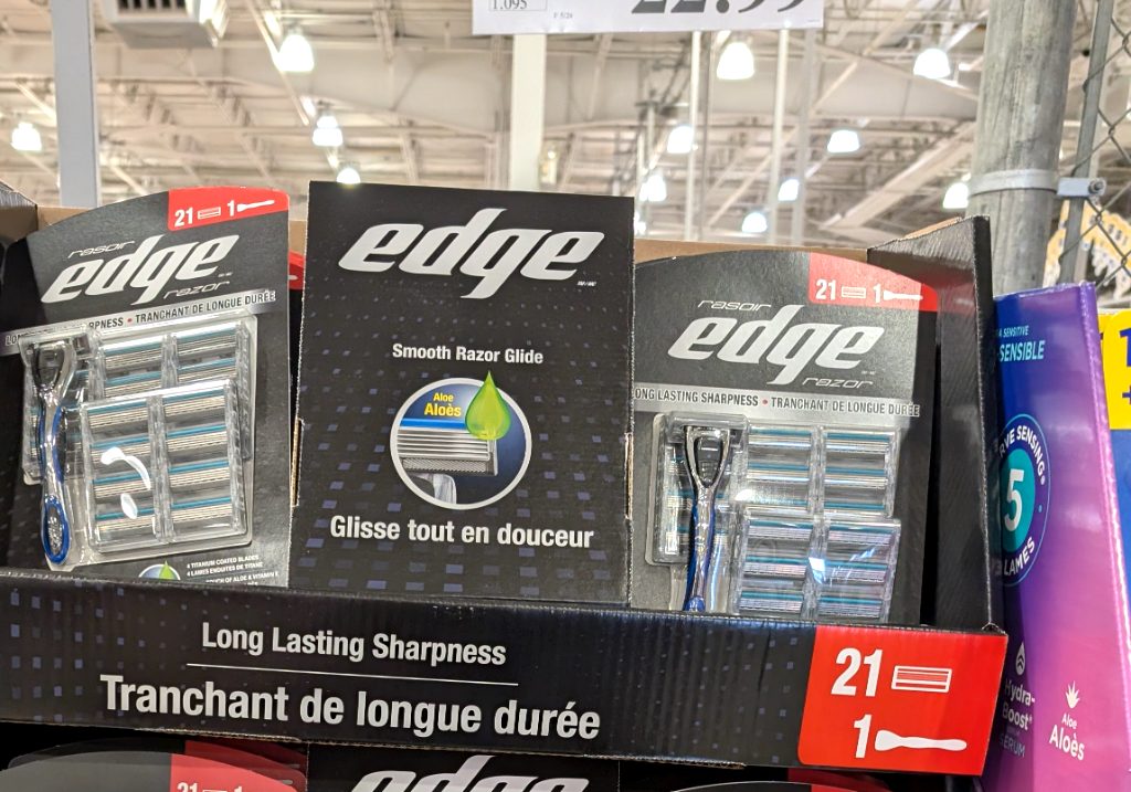 Edge razor pack of 21, featuring 4 titanium coated blades with aloe for smooth glide and long-lasting sharpness, from Costco $22.99.