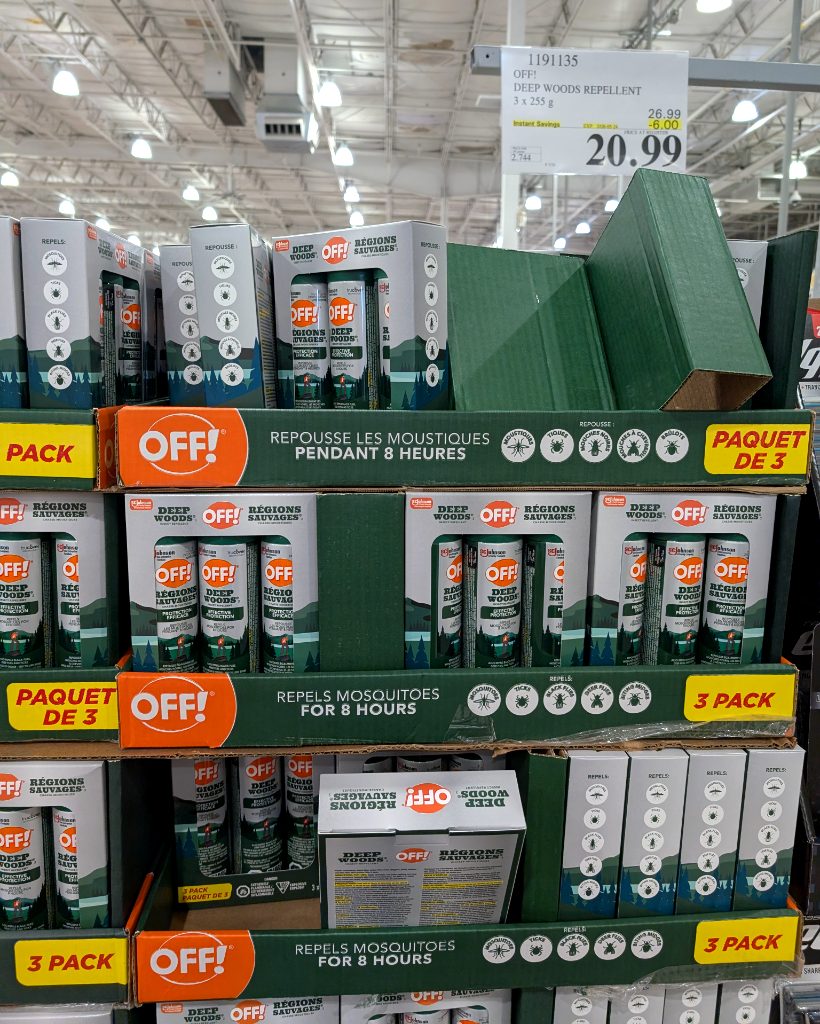 OFF! Deep Woods Insect Repellent 3-pack for 8-hour protection against mosquitoes, ticks, and black flies, found at Costco.