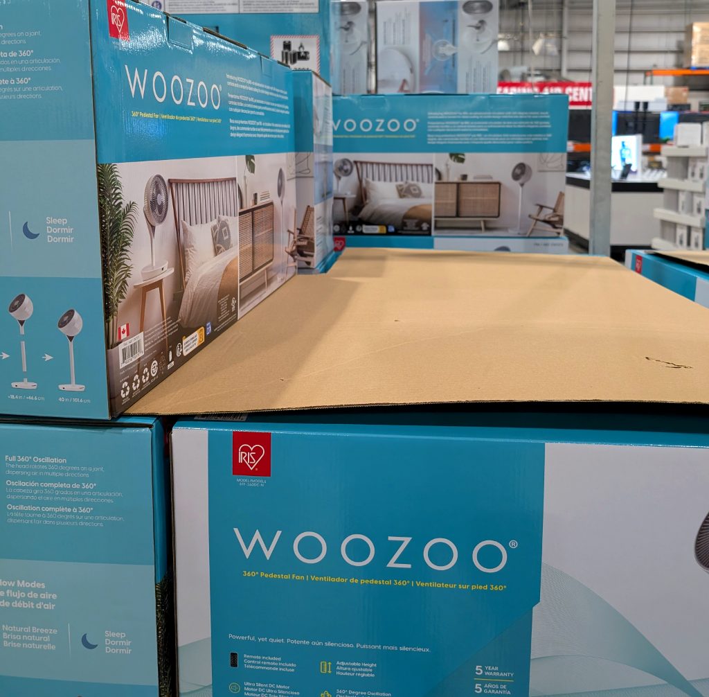 White Woozoo 360-degree oscillating air circulator pedestal fan from Costco, $59.99.