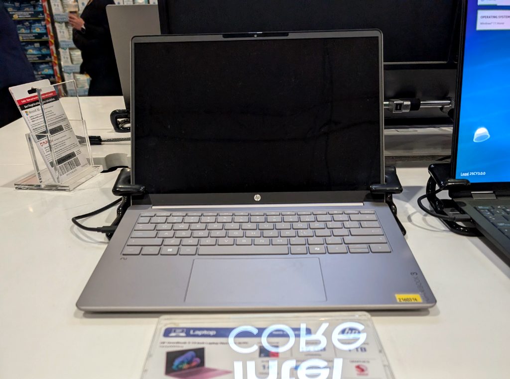 Silver HP Omnibook 3 14-inch Copilot+ PC laptop from Costco, featuring advanced AI capabilities, priced at $799.99.