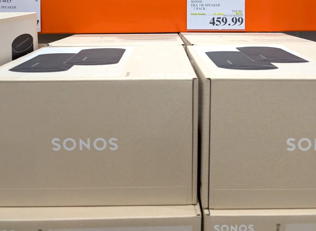 Black Sonos Era 100 smart speakers, a 2-pack bundle, offering premium sound for your home from Costco.