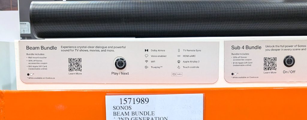Black Sonos Beam Bundle 2nd Gen sound system from Costco, priced at $478.99, for immersive home audio.