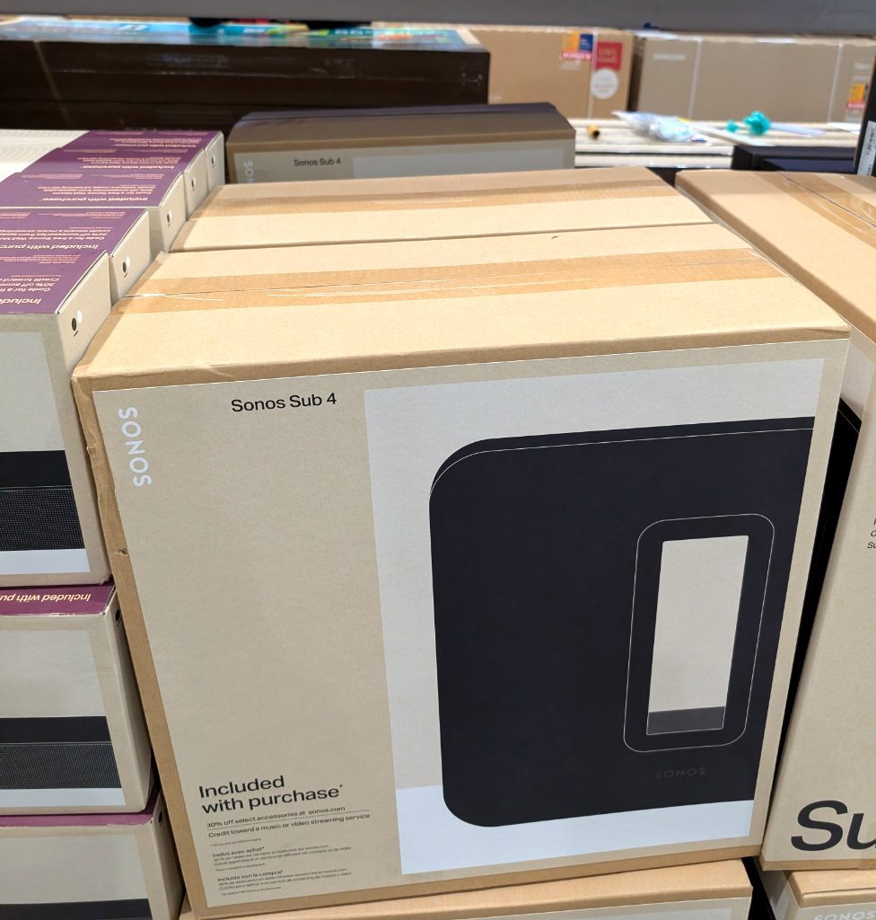 Black Sonos Subwoofer Gen 4 from Costco, offering powerful bass for home audio systems.