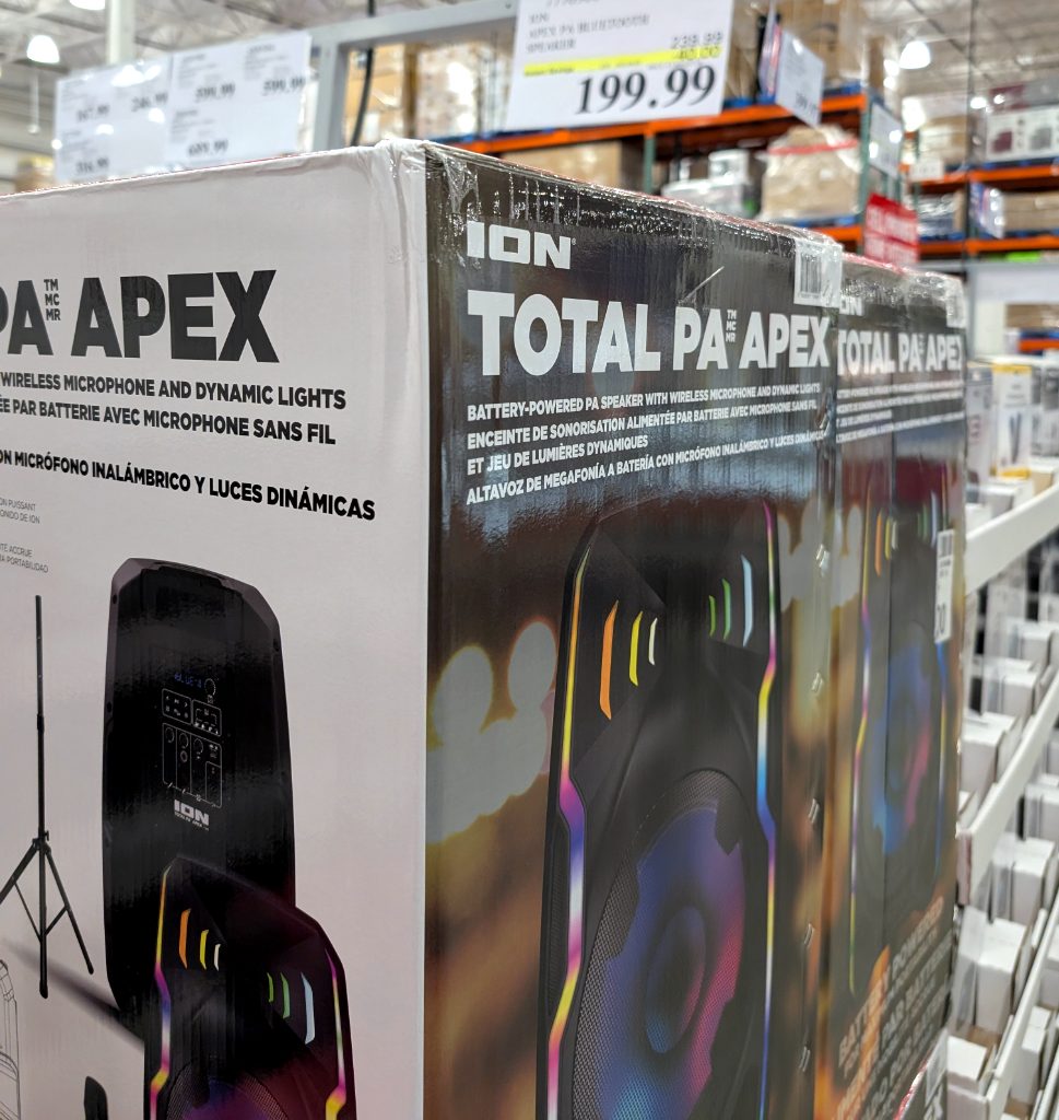 Black ION Total PA Apex battery-powered speaker with wireless microphone and dynamic lights from Costco, $199.99.