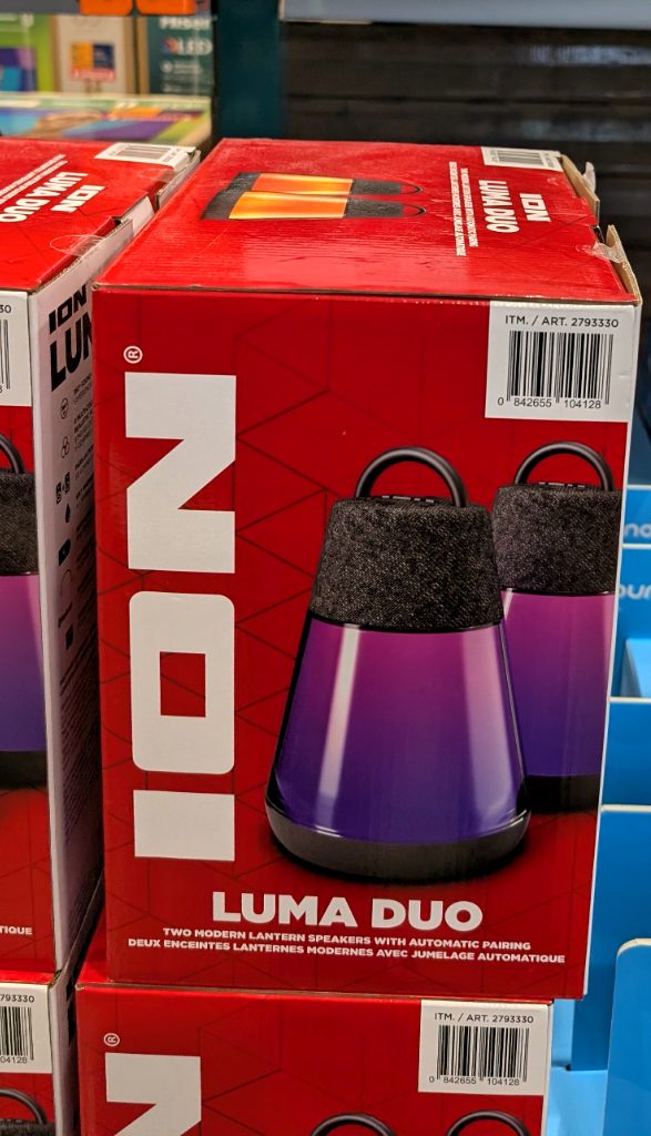 Ion Luma Duo 2-pack purple and gray lantern speakers with automatic pairing from Costco, priced at $69.97.