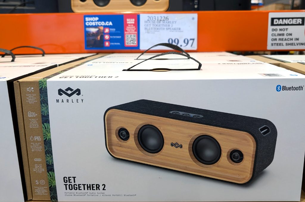 House of Marley Get Together 2 portable Bluetooth speaker with bamboo face and black fabric, perfect for music on the go, from Costco, $99.97.
