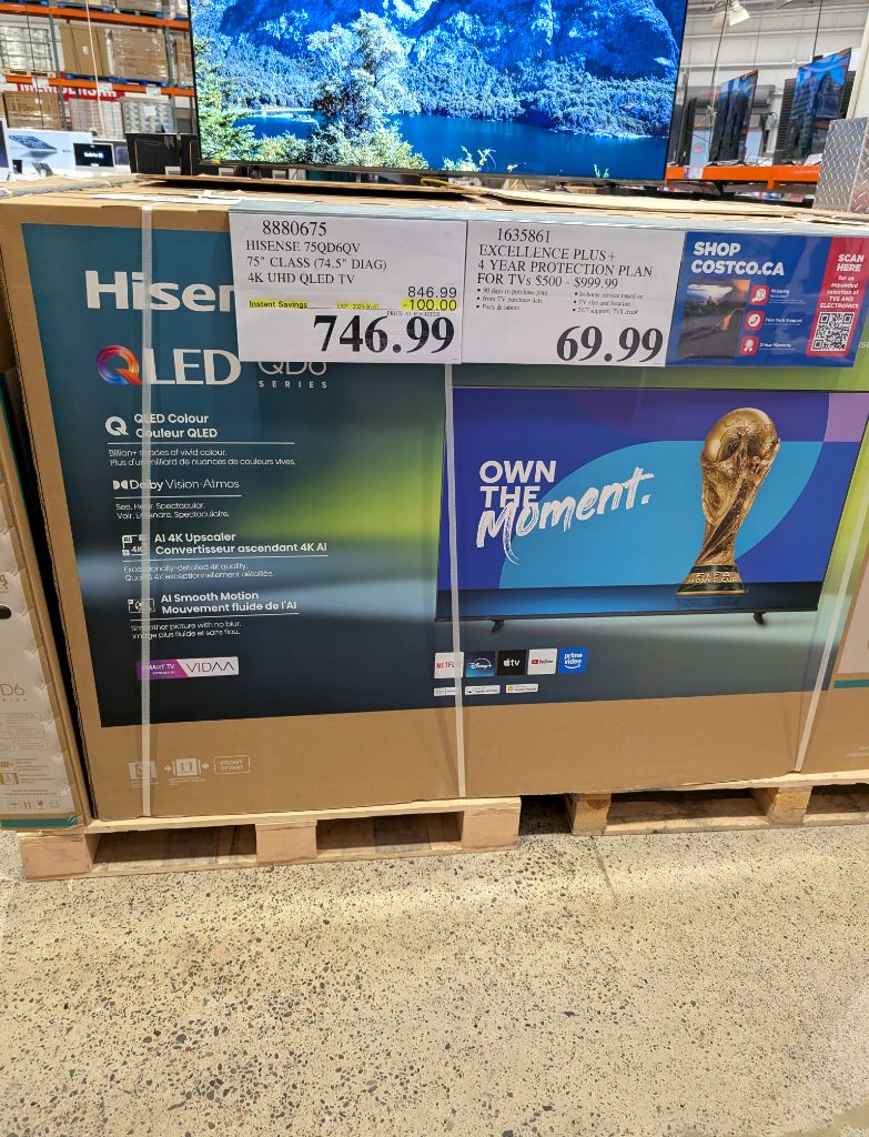 Hisense 75-inch QLED 4K UHD Smart TV, model 75QD6QV, from Costco for $746.99, featuring Dolby Vision and AI Upscaler.