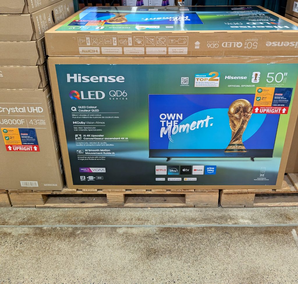 Hisense 50 inch 4K UHD QLED TV from Costco, offering brilliant colors and smart features for home entertainment.