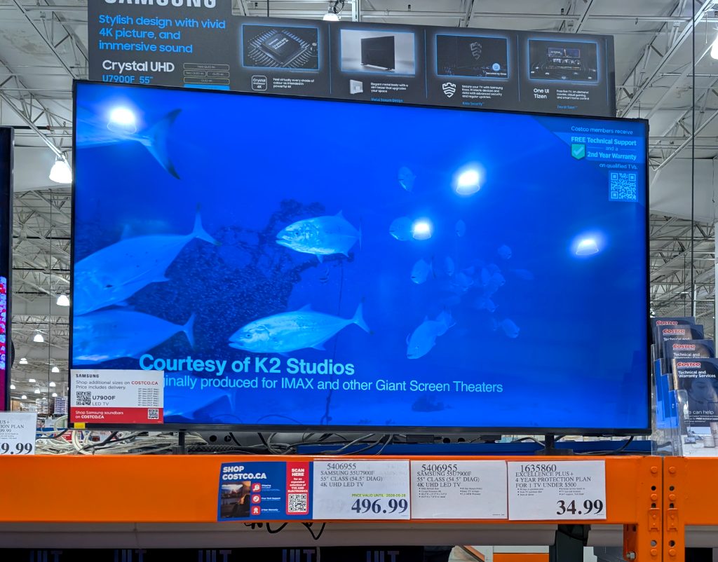 Samsung 55-inch Crystal UHD 4K Smart TV in black, offering vivid picture and sound, available at Costco.