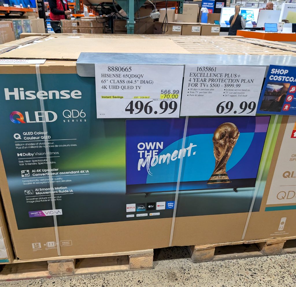 Hisense 65-inch 4K UHD QLED Smart TV (65QD6QV) from Costco, delivering vibrant colors and sharp details for home entertainment.
