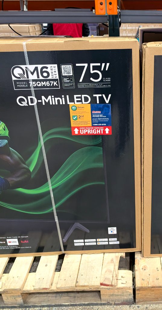 TCL 75-inch 4K UHD MiniLED TV model 75QM67K from Costco, offering vibrant display and smart features for home entertainment.