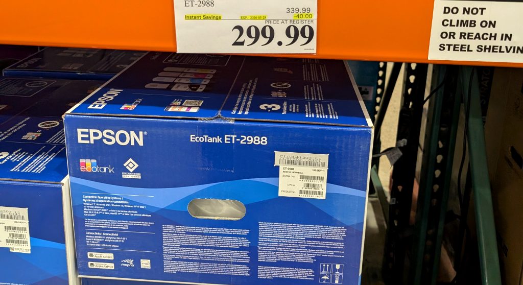 Epson EcoTank ET-2988 all-in-one wireless printer with scanner and copier from Costco, priced at $299.99.