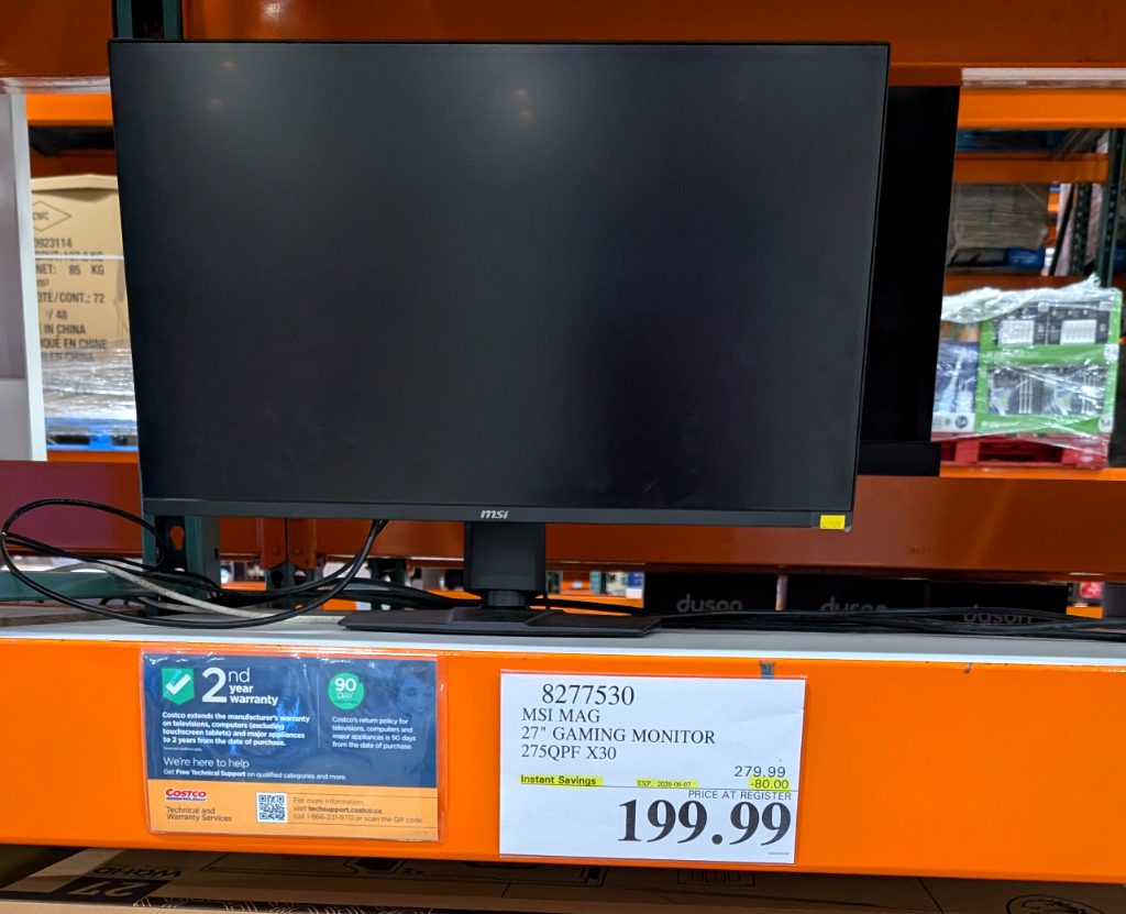 Black MSI MAG 27-inch WQHD gaming monitor from Costco, on sale for $199.99, ideal for immersive gaming setups.