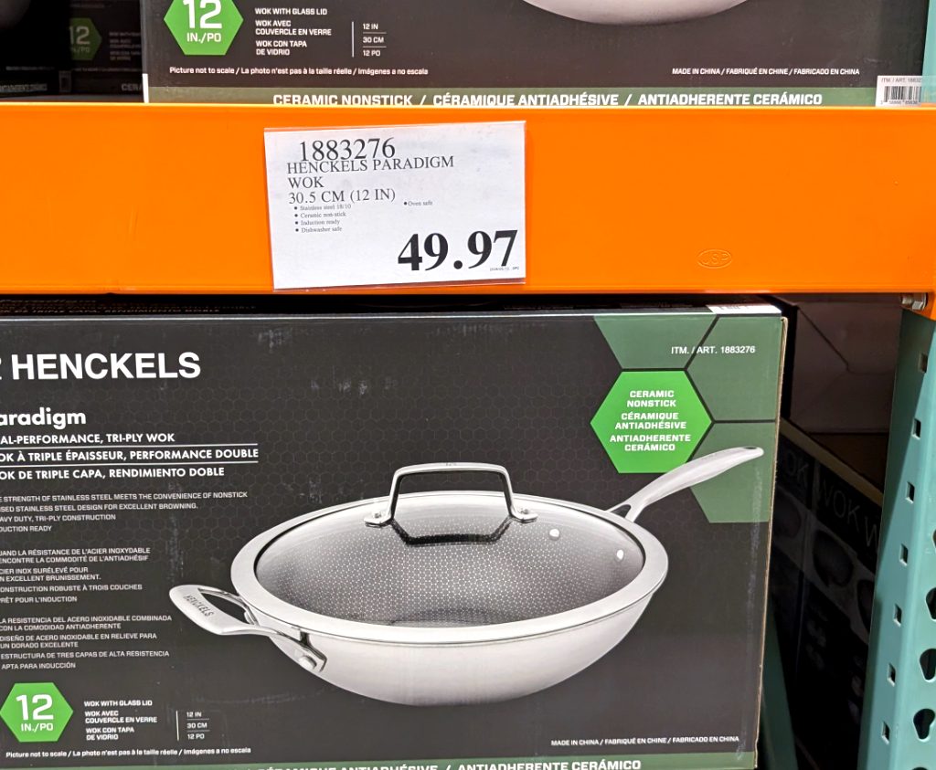 Henckels Paradigm 12-inch stainless steel tri-ply ceramic nonstick wok with glass lid from Costco, $49.97.