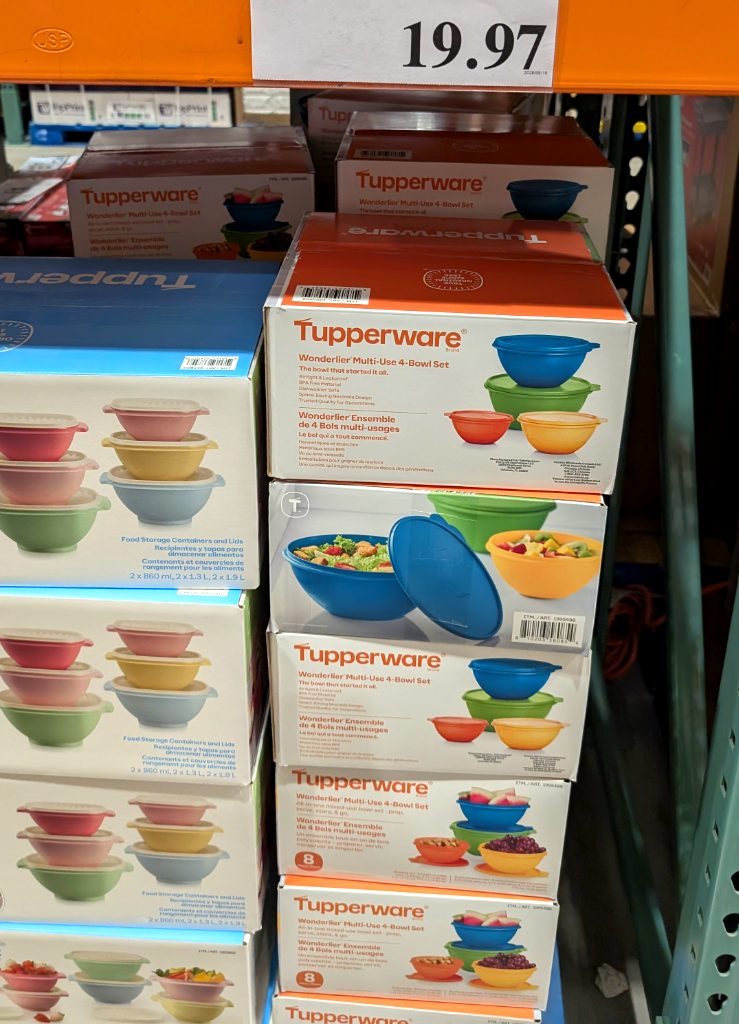Tupperware Wonderlier Mixing Bowl Set with 4 colorful bowls and lids, ideal for kitchen prep and food storage at Costco for $19.97.