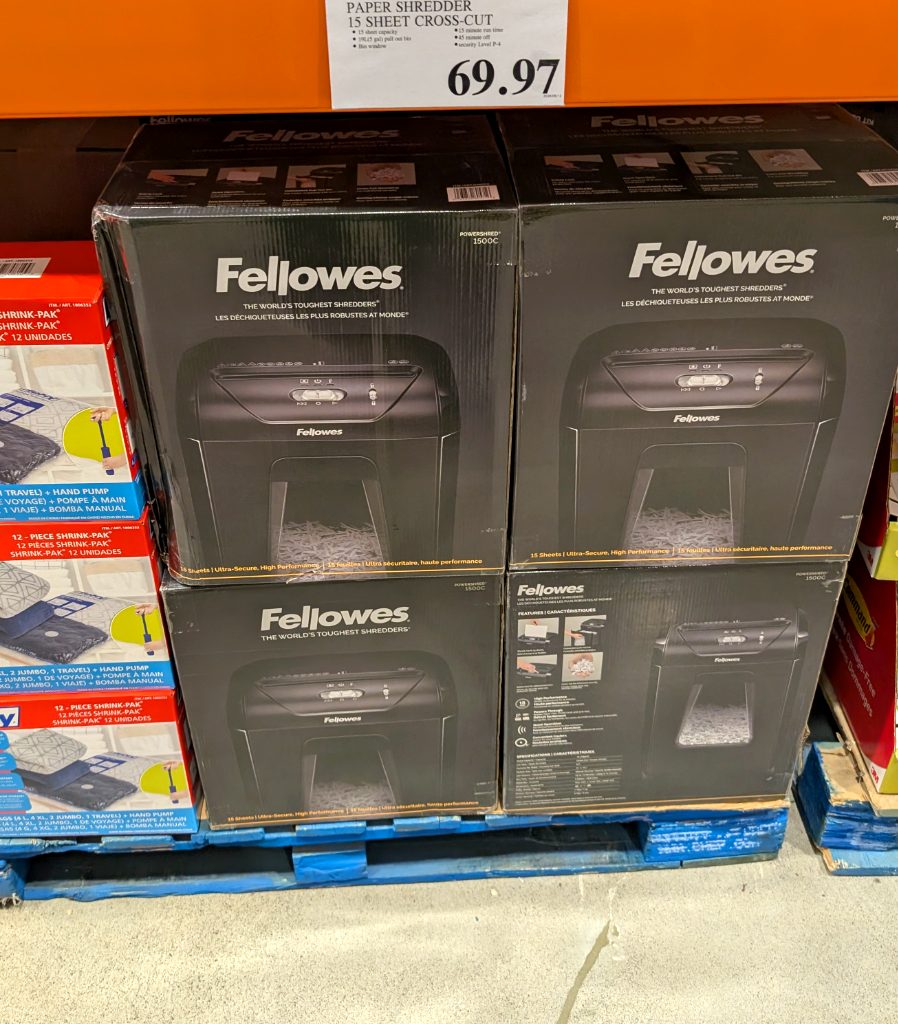 Black Fellowes 15-sheet cross-cut paper shredder for secure document disposal, available at Costco.