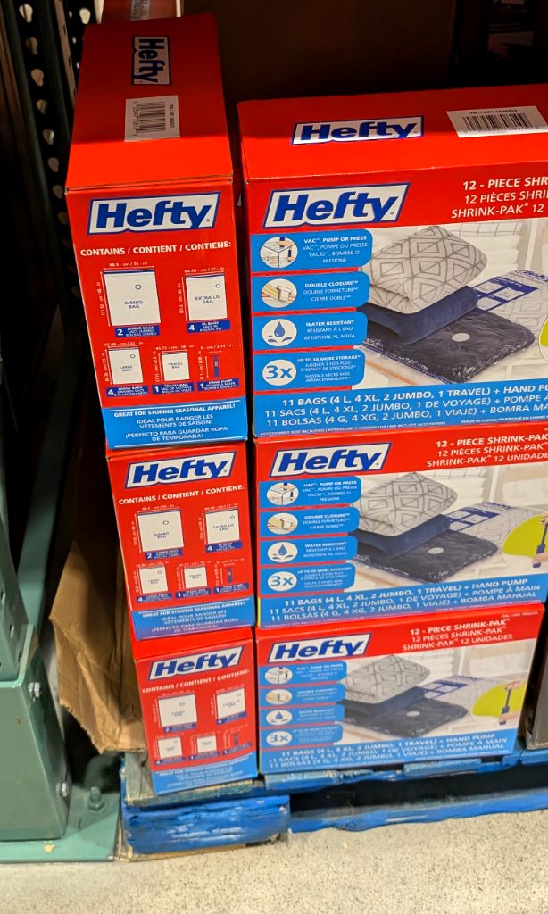 Hefty 12-piece Shrink-Pak vacuum storage bags with hand pump from Costco, $9.97, for efficient seasonal apparel storage.