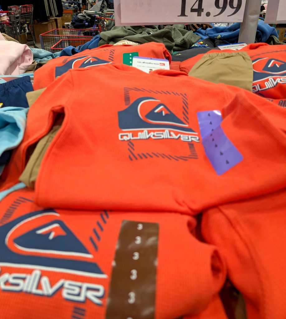 Orange Quiksilver 2PC set for boys sizes 3-8 from Costco, perfect for active kids, priced at $14.99.
