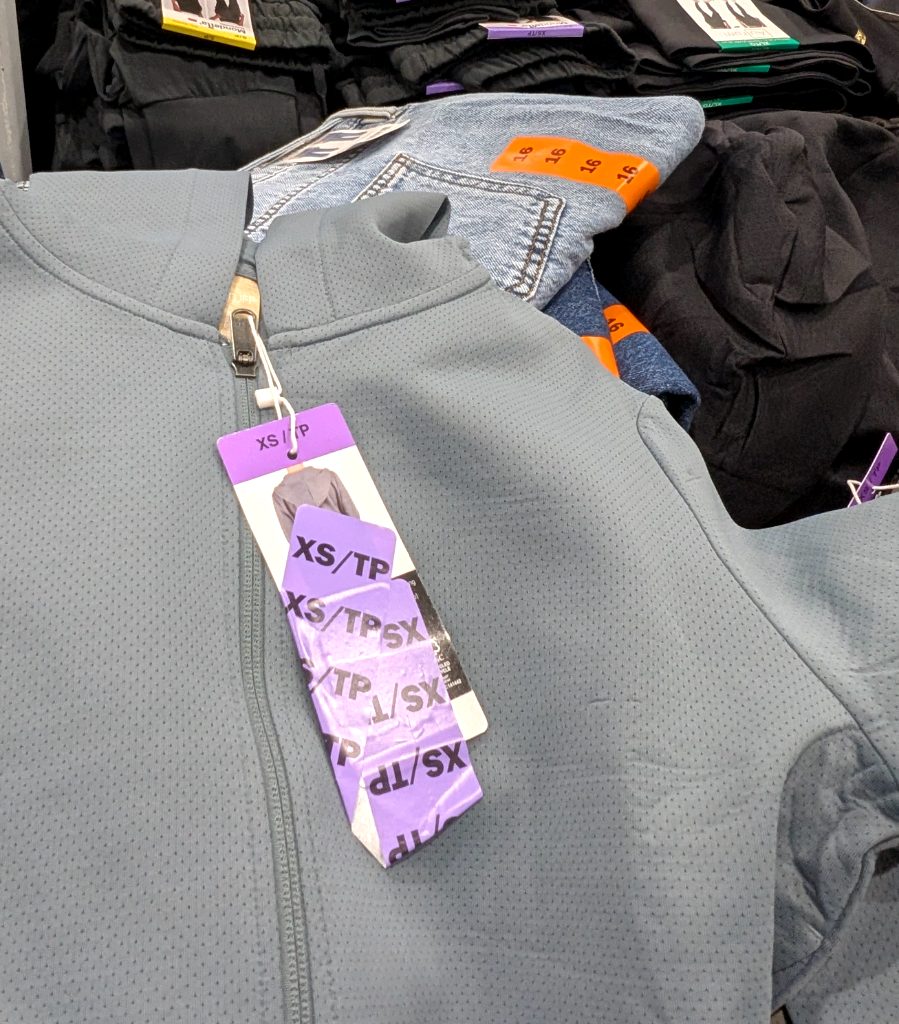 Light grey/blue perforated athletic full zip hoodie from Costco, women's sizes XS-XL, priced at $9.97.