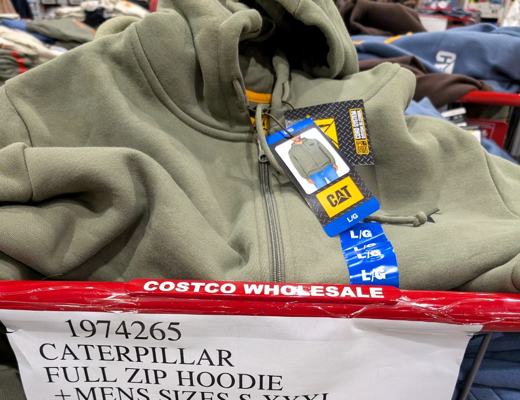 Men's olive green Caterpillar full-zip hoodie with drawstrings, available in various sizes at Costco Wholesale for $16.97.