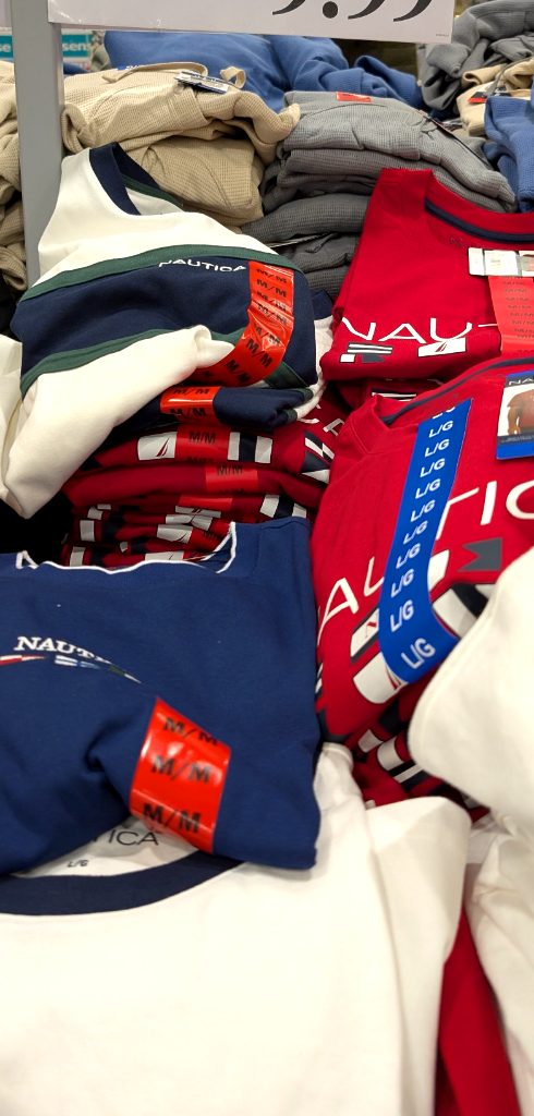 Men's Nautica t-shirts in navy, red, and white cotton blend fabric, available in S-XXL sizes, on sale at Costco for $9.99.