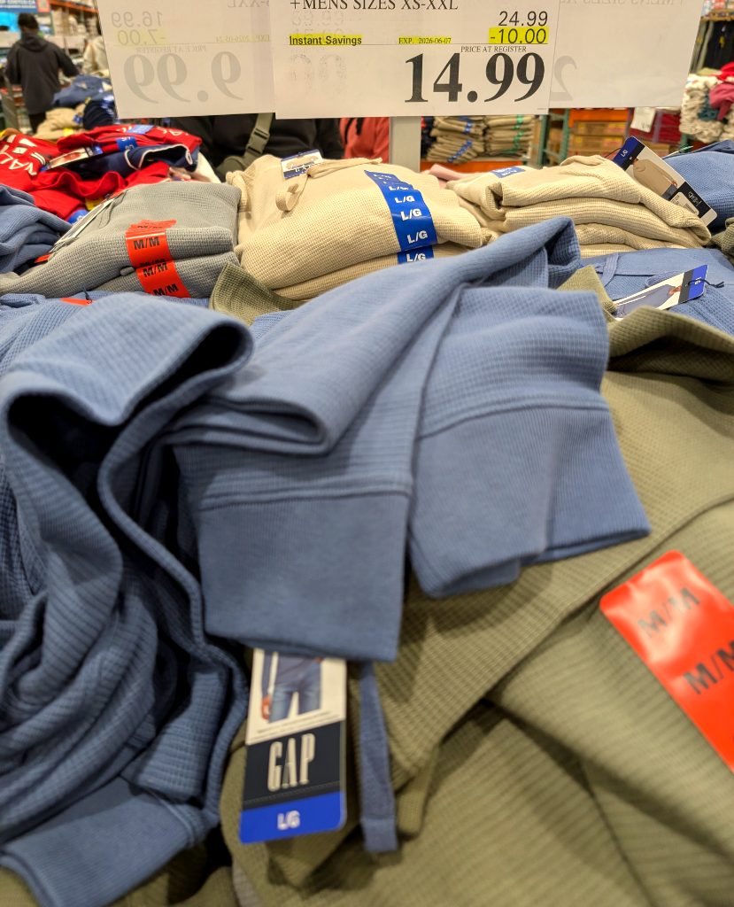 Blue, cream, and olive green GAP thermal knit hoodies for men from Costco, priced at $14.99.