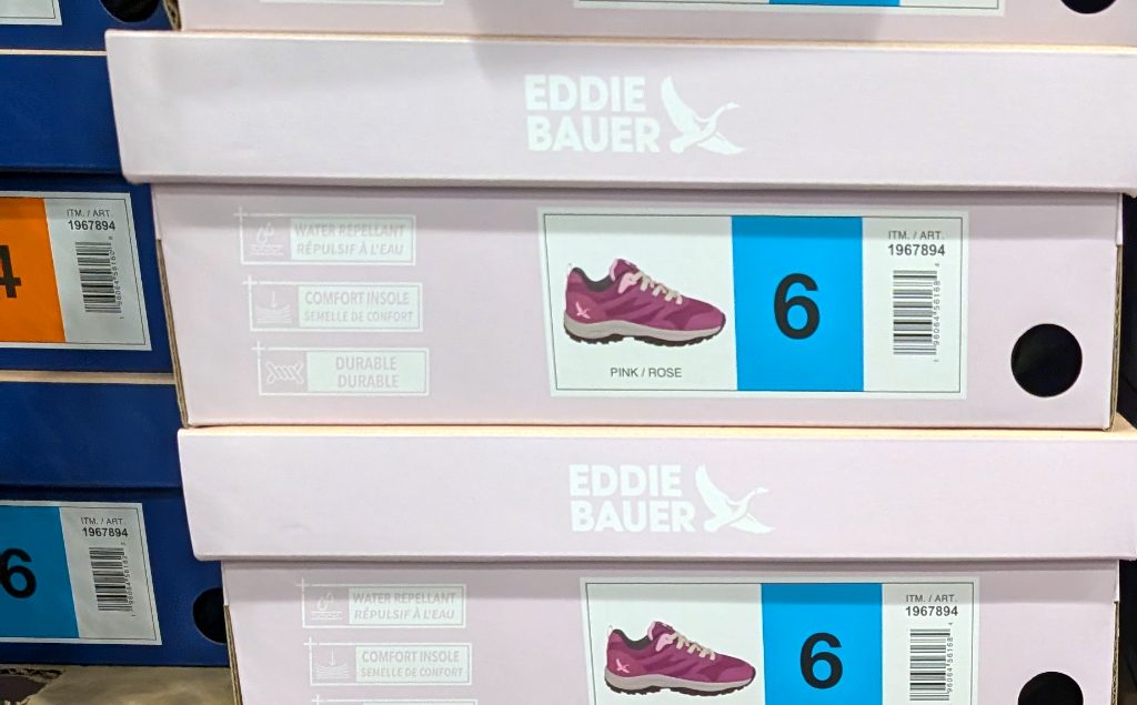 Pink/Rose Eddie Bauer water-repellent sneakers with comfort insoles, available in various sizes at Costco.