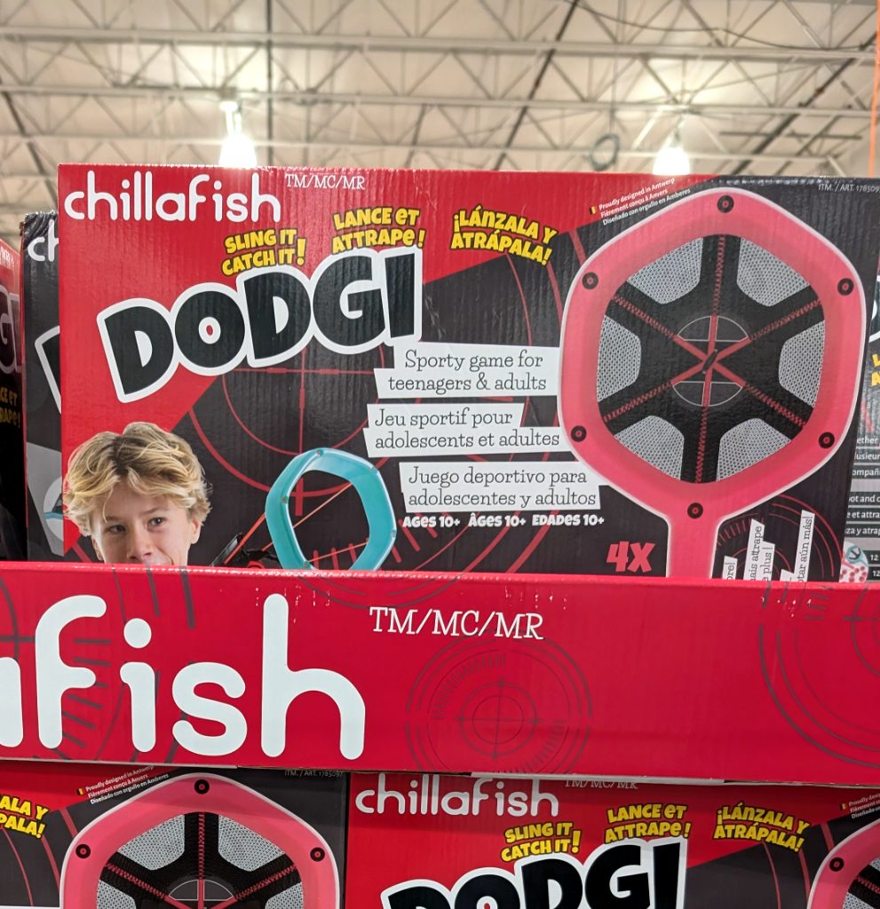 Red and black Chillafish DODGI 'Sling It! Catch It!' game for teenagers and adults from Costco. Includes rackets and rings.