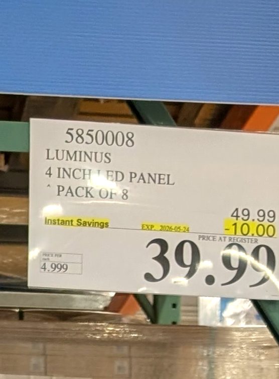LUMINUS 4-inch LED panel 8-pack from Costco, on sale for $39.99, ideal for modern home lighting upgrades.