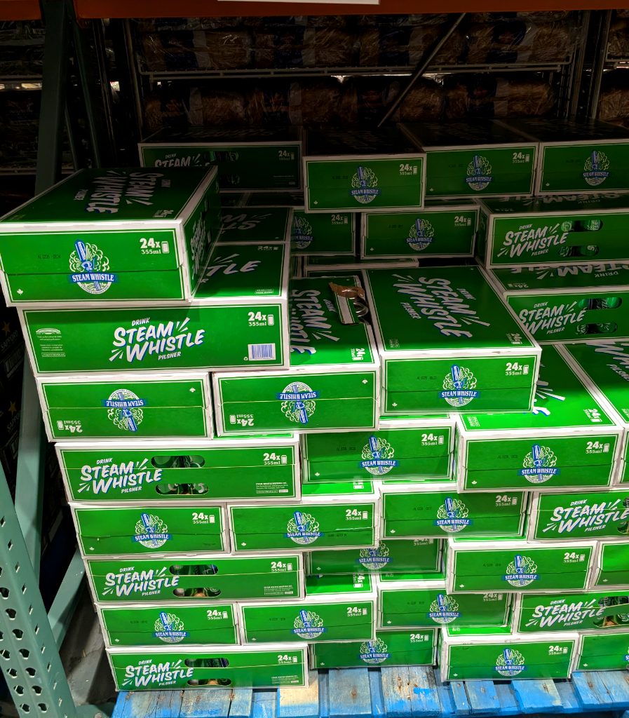 24-pack of green Steam Whistle Pilsner beer cans from Costco, perfect for parties and gatherings.