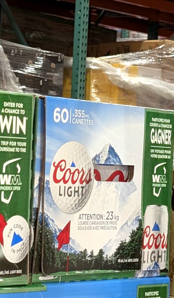 Coors Light 60 x 355 mL cans beer pack from Costco, priced at $81.99, featuring a mountain and golf course design.