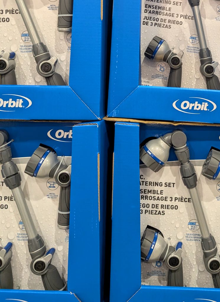 Orbit 3-piece watering set with gray and blue adjustable nozzles and telescopic wand, perfect for garden use from Costco, $19.99.